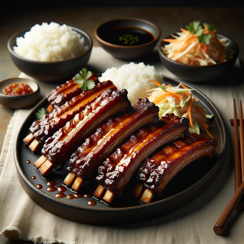 DALL·E 2023-12-10 18.12.54 - Several pieces of shiny, glazed pork ribs ...