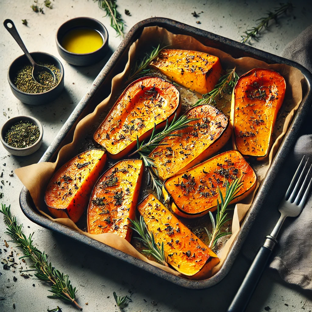 Morceaux de courge rôtis aux herbes de Provence sur une plaque de cuisson