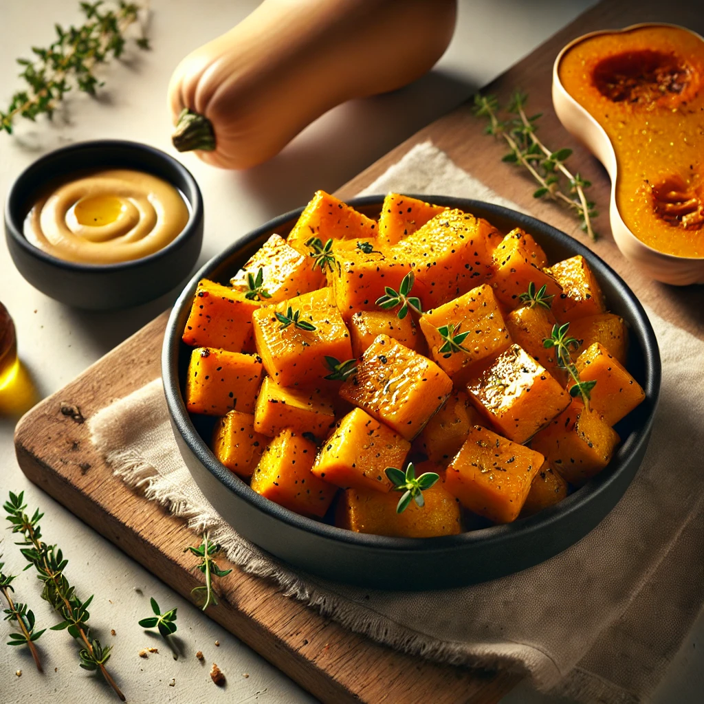 Cubes de courge butternut dorés servis dans un plat sombre