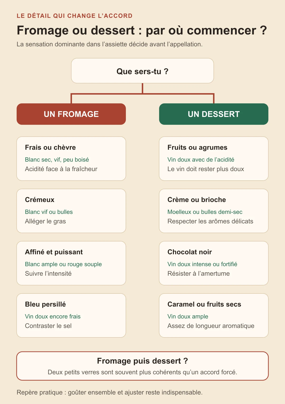 Arbre de décision pour choisir un vin avec un fromage ou un dessert selon le sel, le gras, le sucre et l’amertume