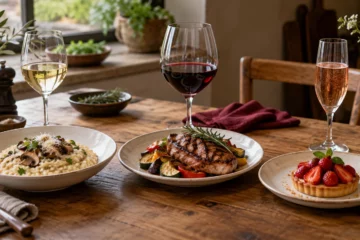 Trois plats de textures et intensités différentes accompagnés de vins blanc, rouge et effervescent