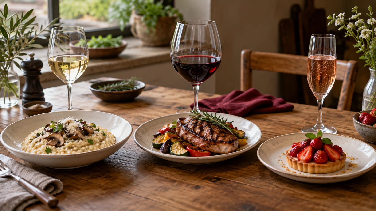 Trois plats de textures et intensités différentes accompagnés de vins blanc, rouge et effervescent