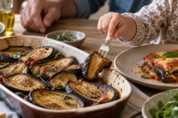 Un enfant prend un morceau d’aubergine rôtie à côté d’une portion de parmigiana