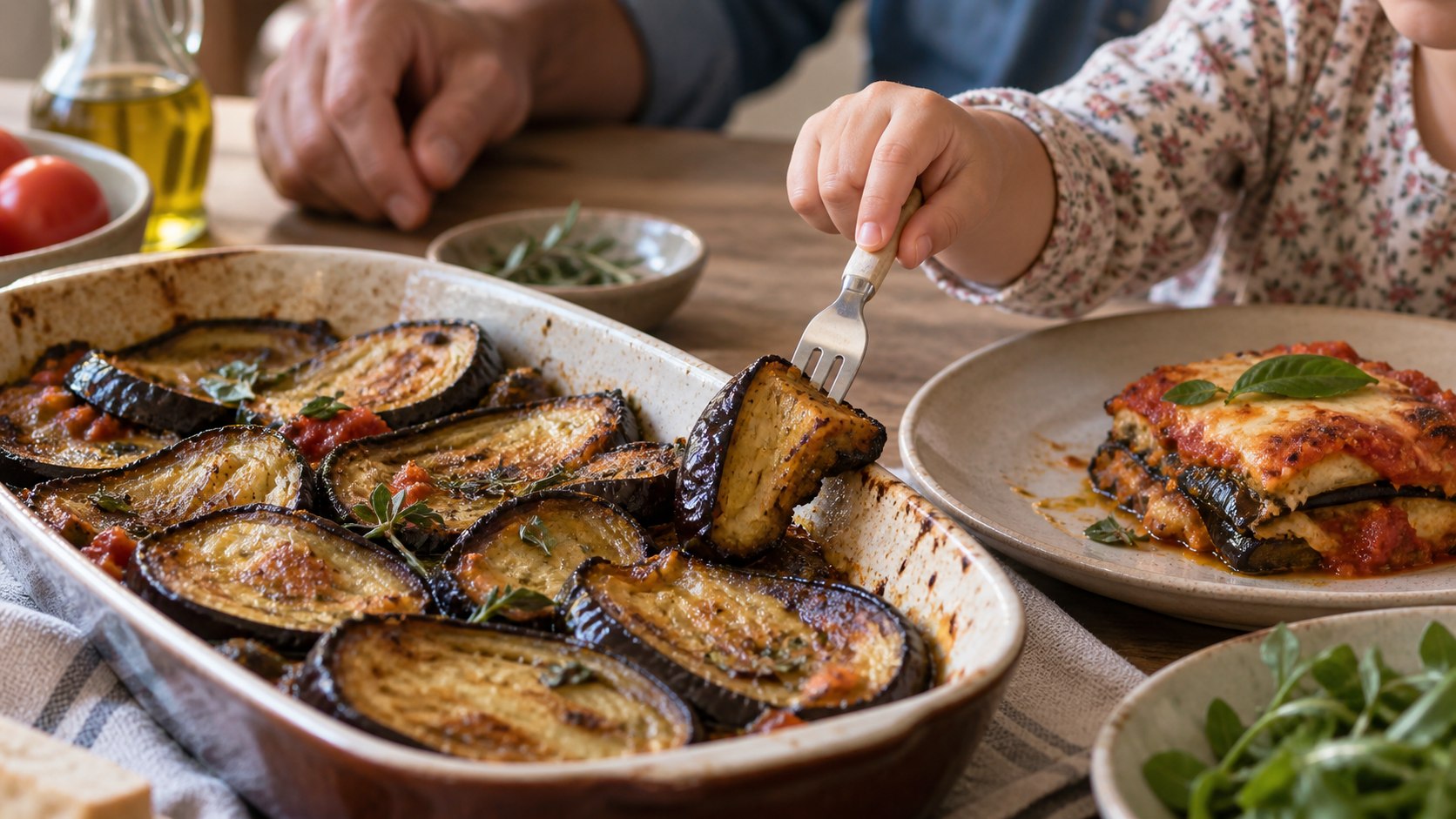 Un enfant prend un morceau d’aubergine rôtie à côté d’une portion de parmigiana
