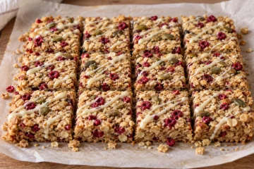 Barres d’avoine aux framboises séchées avec de fins traits de chocolat blanc