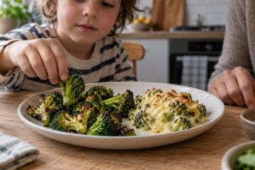 Un enfant prend un bouquet de brocoli rôti à côté d’une portion de gratin de brocoli