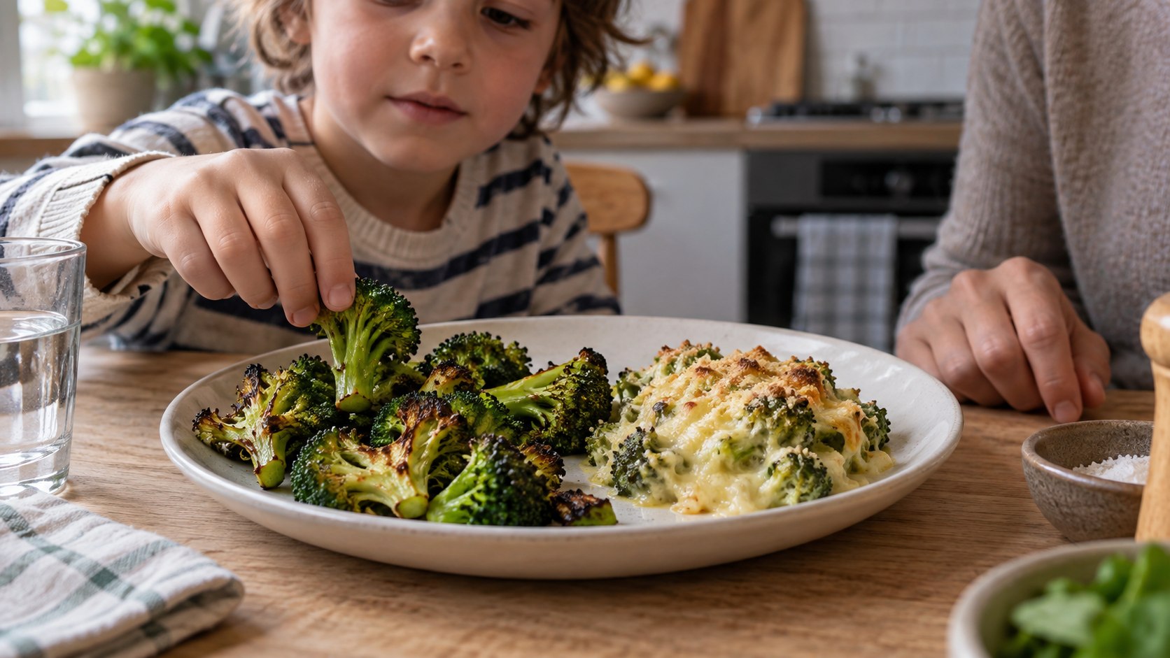 Un enfant prend un bouquet de brocoli rôti à côté d’une portion de gratin de brocoli