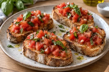 Quatre bruschette de pain grillé garnies de dés de tomates, d’ail et de basilic