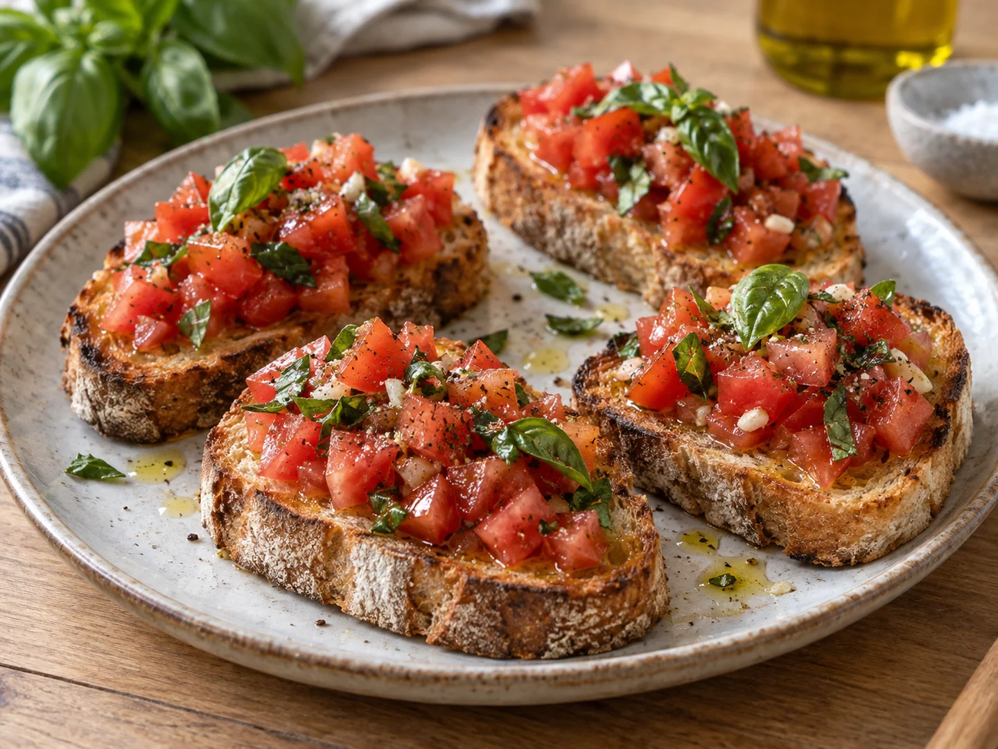 Quatre bruschette de pain grillé garnies de dés de tomates, d’ail et de basilic