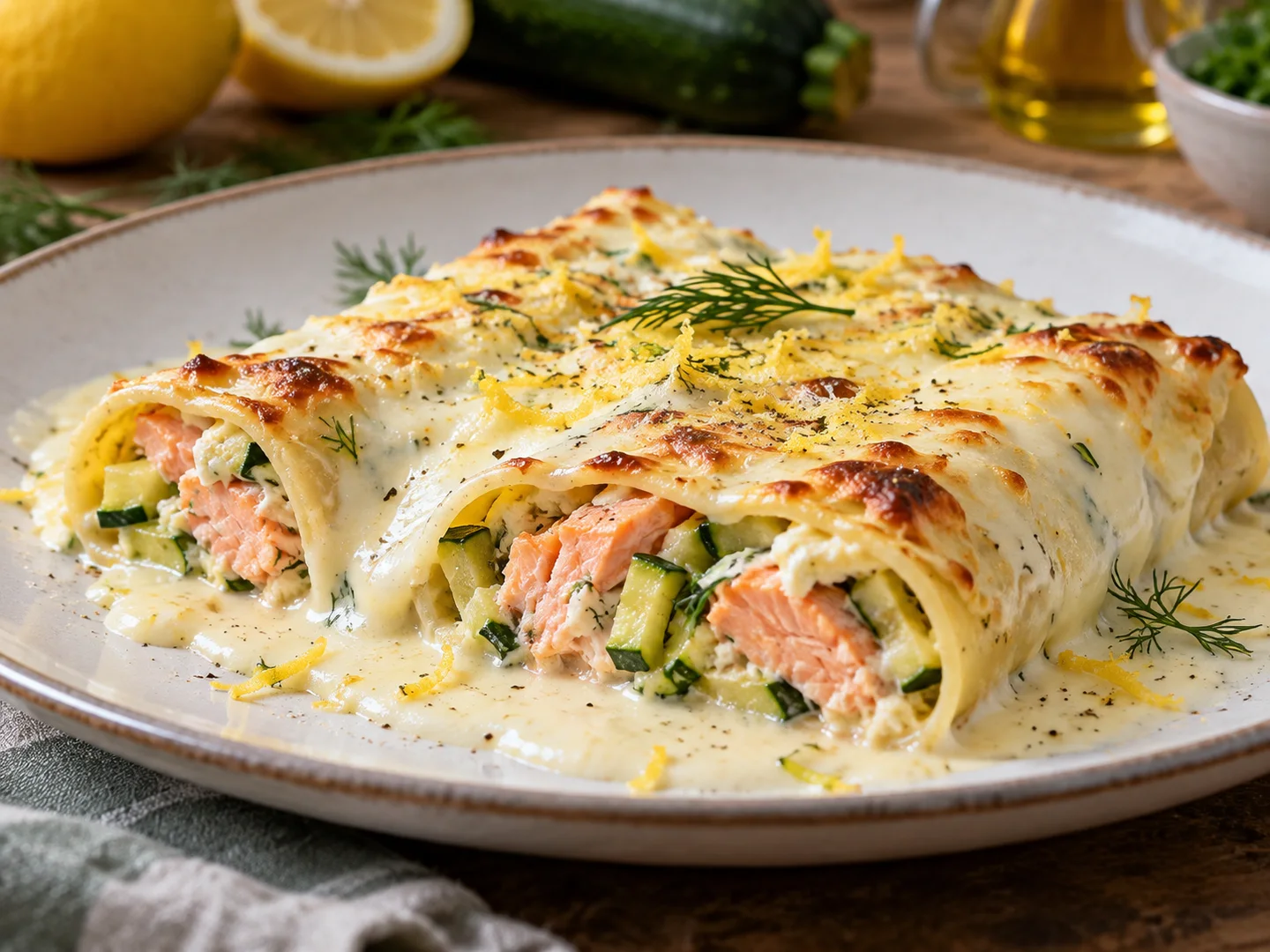 Cannelloni au saumon et courgettes sauce blanche
