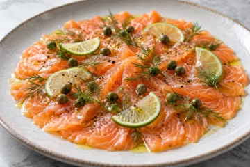 Fines tranches de saumon cru au citron vert, cÃ¢pres et aneth
