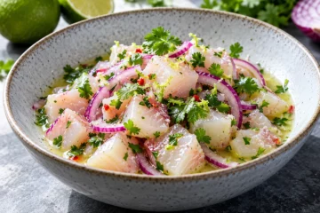 Cubes de dorade en ceviche avec oignon rouge, citron vert et coriandre
