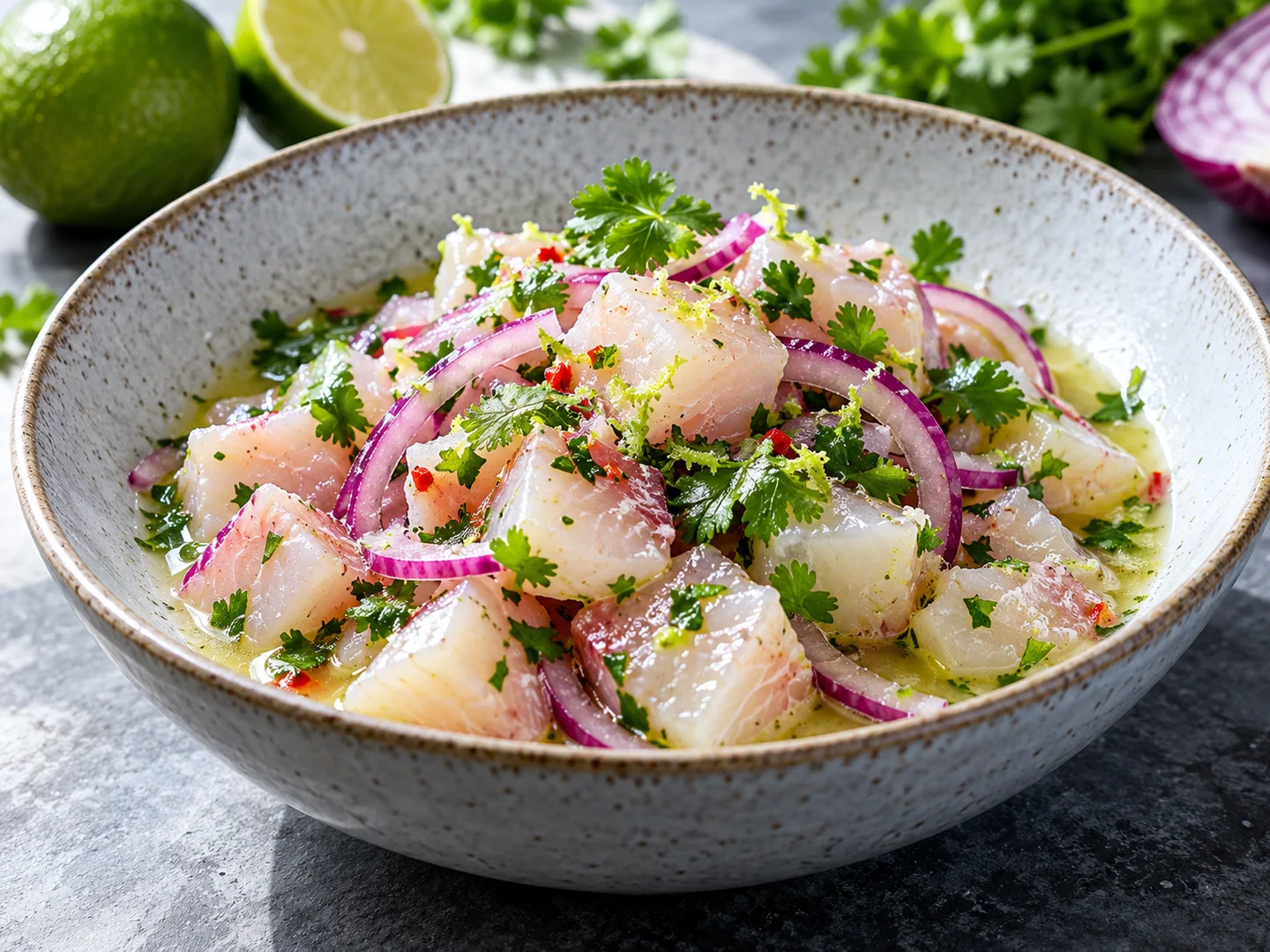 Cubes de dorade en ceviche avec oignon rouge, citron vert et coriandre