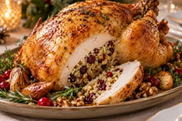 Chapon farci au quinoa, cranberries et noix