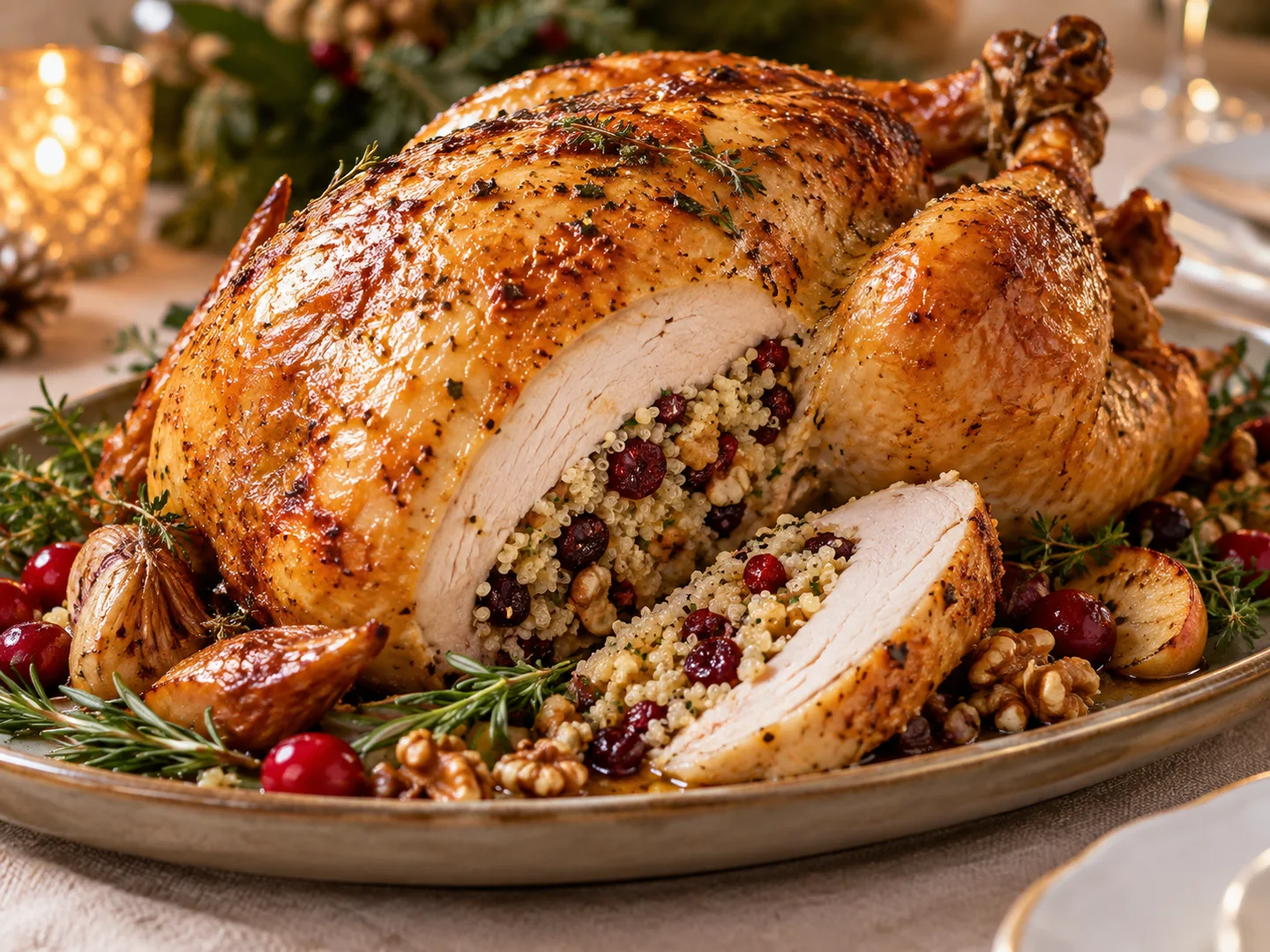 Chapon farci au quinoa, cranberries et noix