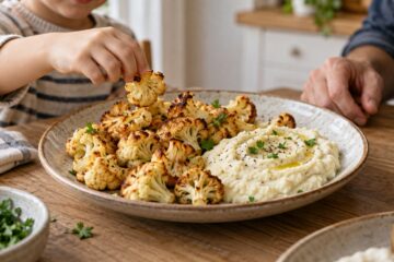Un enfant choisit un bouquet de chou-fleur rôti près d’une purée de chou-fleur