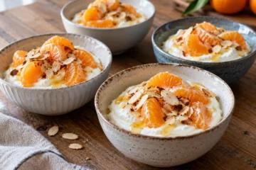 Bol de yaourt grec épais avec quartiers de clémentine, miel et amandes grillées
