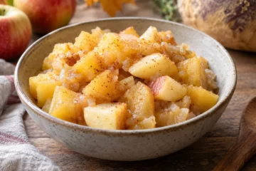 Compotée rustique de rutabaga et pomme avec de petits morceaux visibles dans un bol
