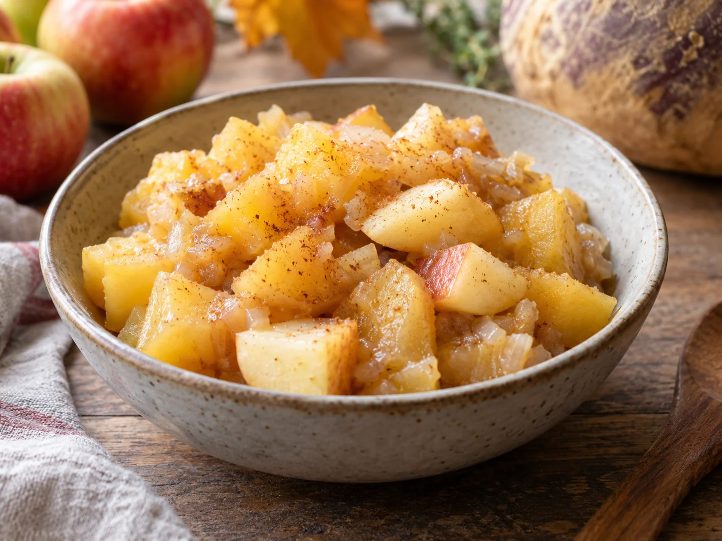 Compotée rustique de rutabaga et pomme avec de petits morceaux visibles dans un bol