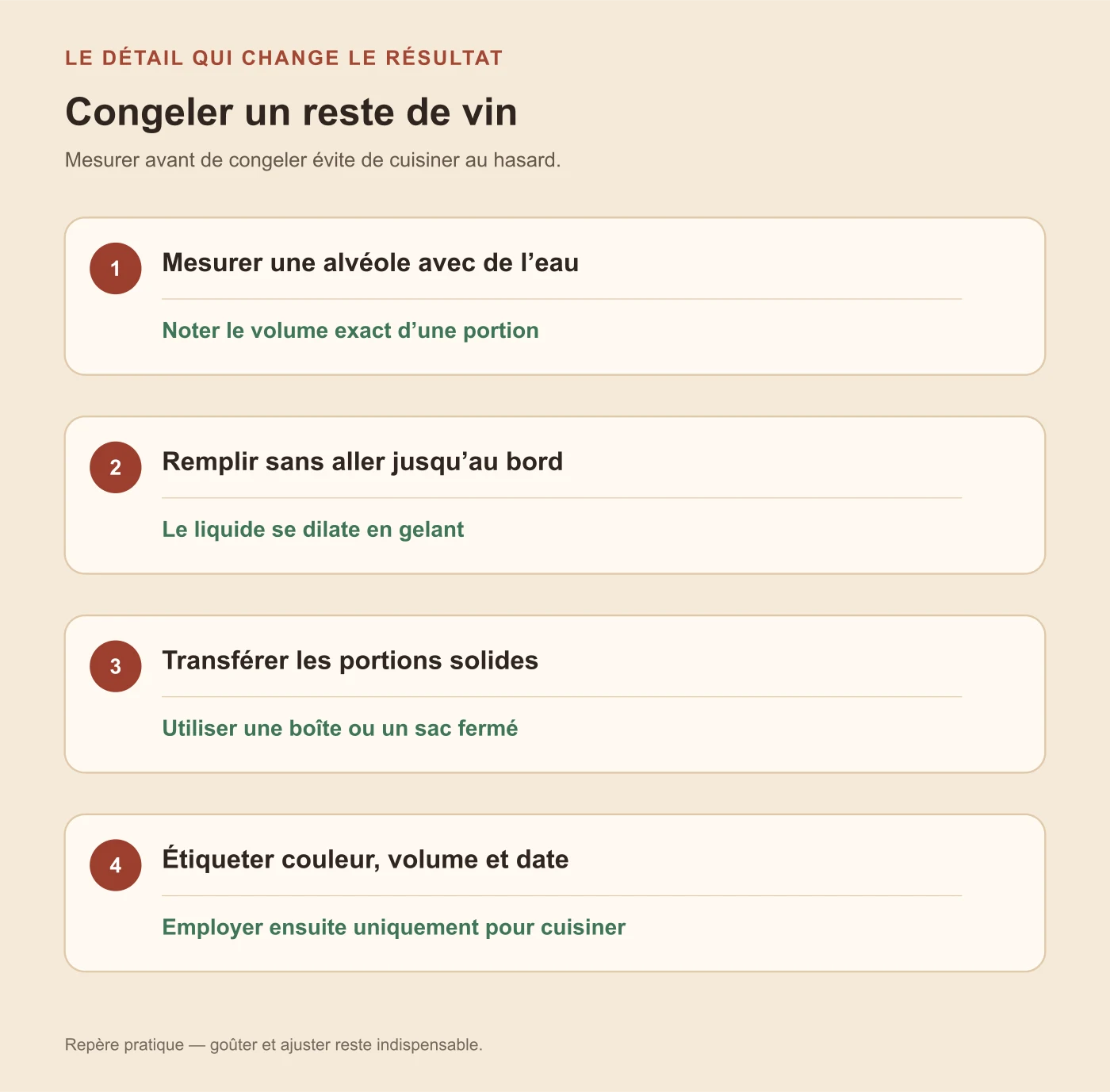 Étapes pour mesurer, congeler, protéger et étiqueter un reste de vin destiné à la cuisine