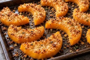 Demi-lunes de courge butternut couvertes d’une fine croûte de parmesan dorée