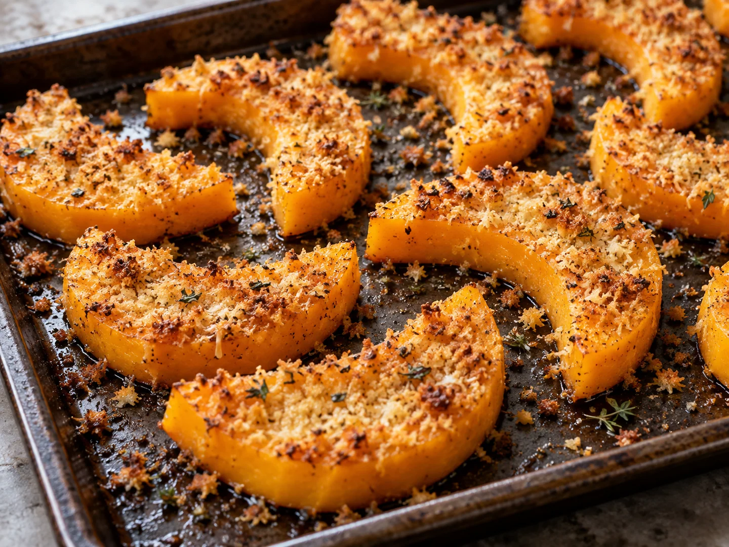 Demi-lunes de courge butternut couvertes d’une fine croûte de parmesan dorée