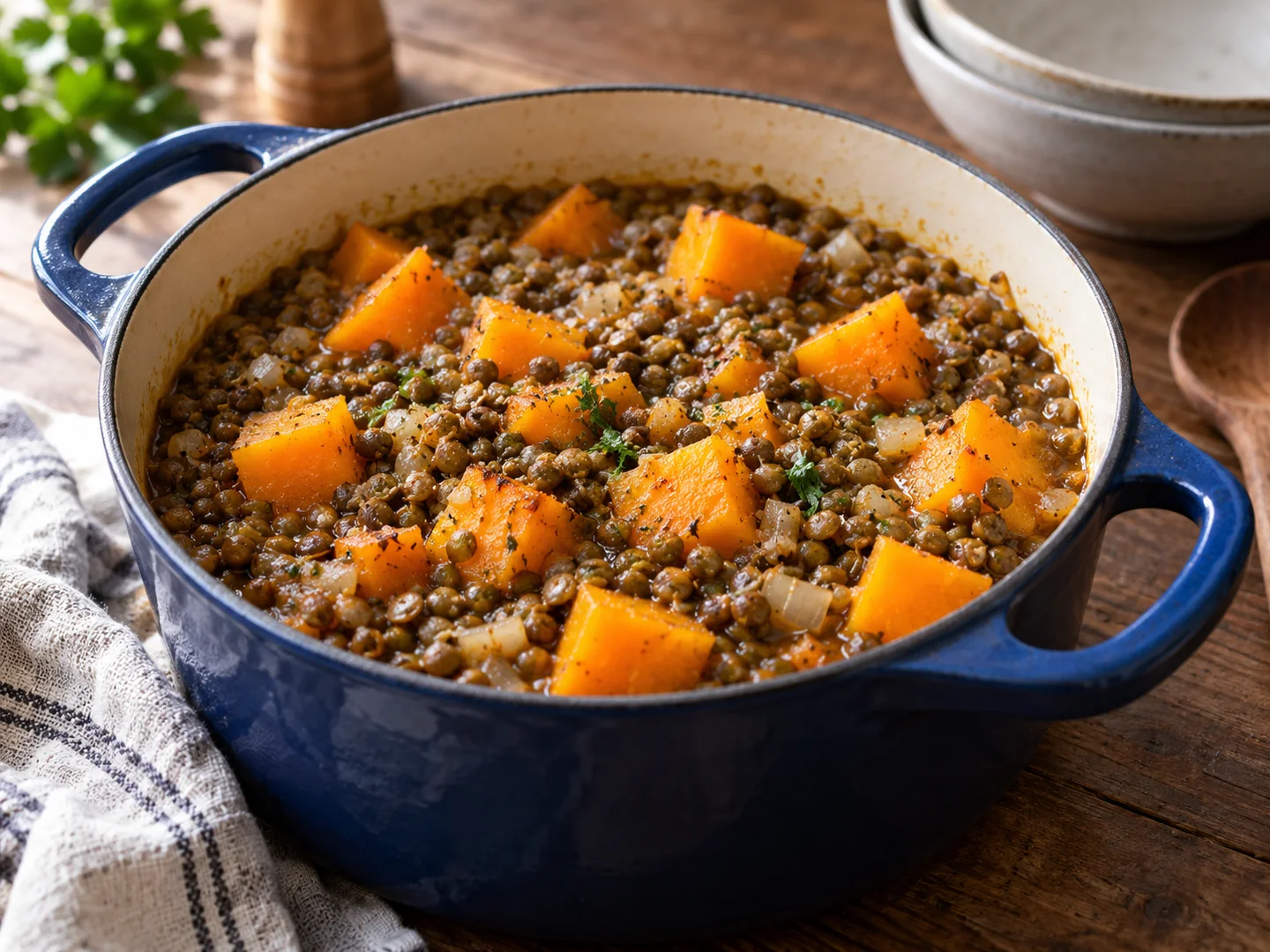 Cocotte de courge et lentilles vertes