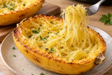 Demi-courge spaghetti cuite avec des filaments séparés soulevés par une fourchette