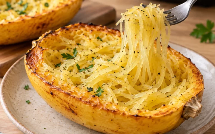 Demi-courge spaghetti cuite avec des filaments séparés soulevés par une fourchette
