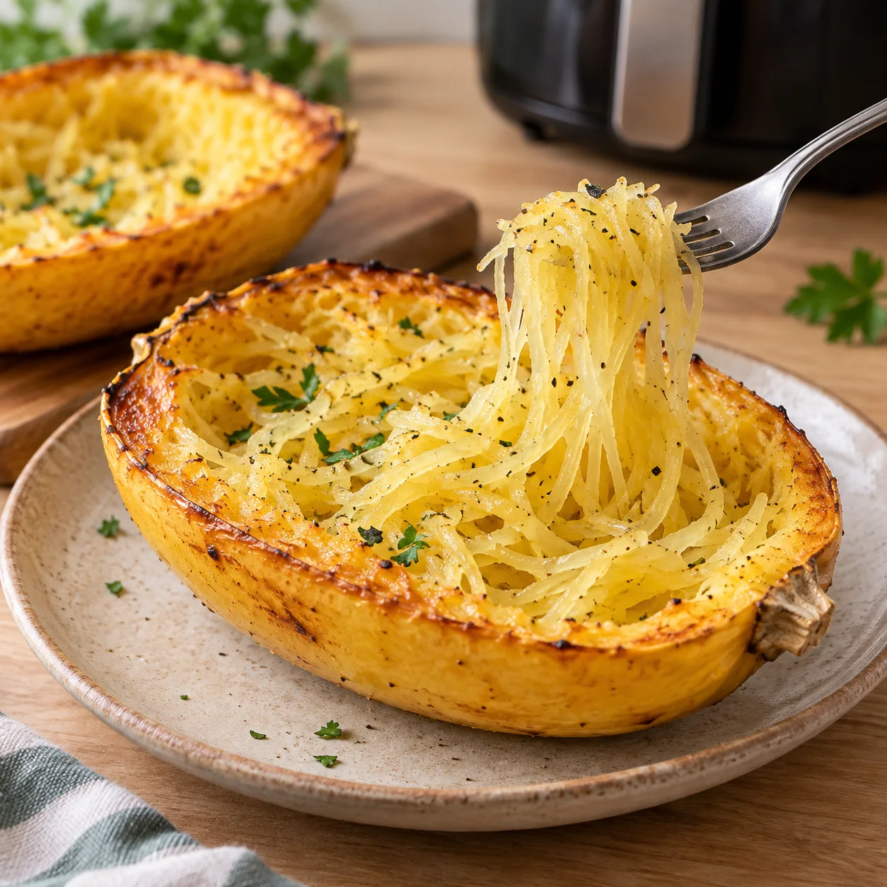 Demi-courge spaghetti cuite avec des filaments séparés soulevés par une fourchette