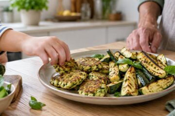 Un enfant choisit une galette parmi des courgettes rôties et des galettes de courgette