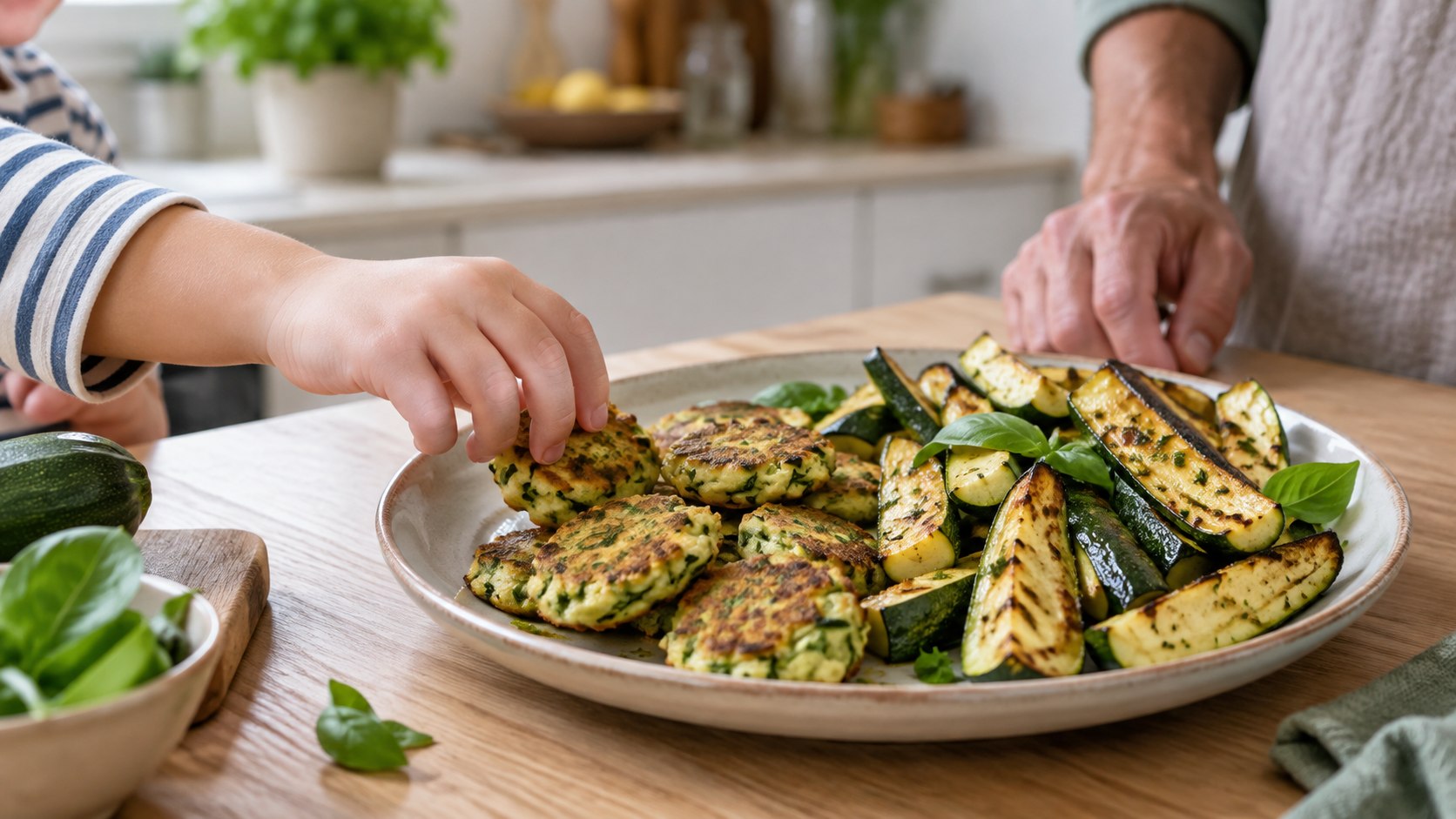 Un enfant choisit une galette parmi des courgettes rôties et des galettes de courgette