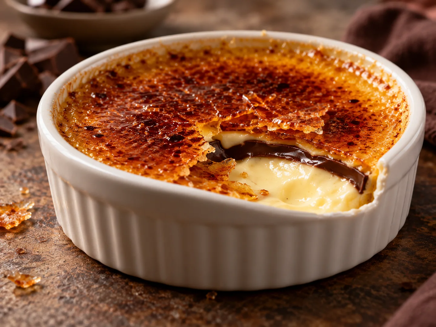 CrÃ¨me brÃ»lÃ©e avec croÃ»te caramÃ©lisÃ©e et fine couche de chocolat