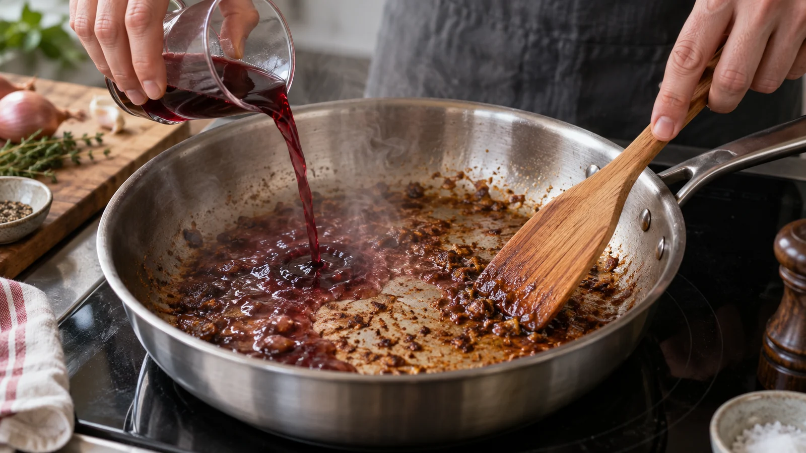 Vin rouge versé dans une sauteuse pendant que les sucs bruns sont décollés à la spatule