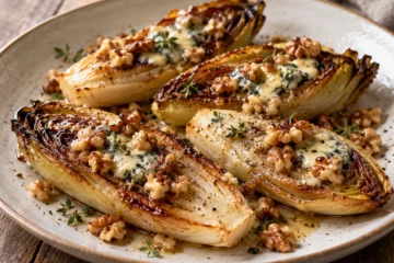 Demi-endives rÃ´ties avec bleu fondu et noix