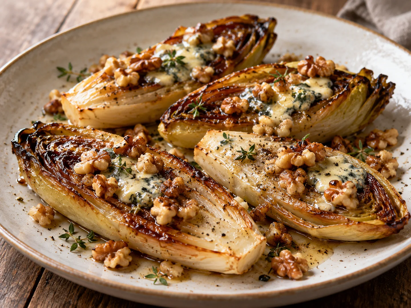 Demi-endives rÃ´ties avec bleu fondu et noix