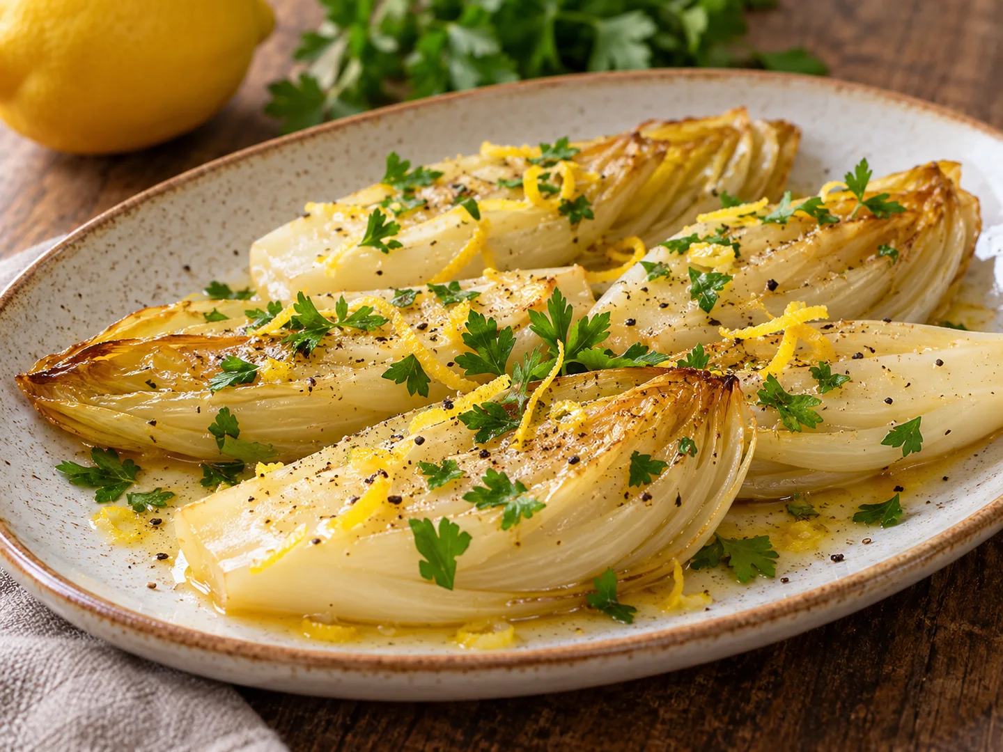 Endives fondantes au citron avec persil frais