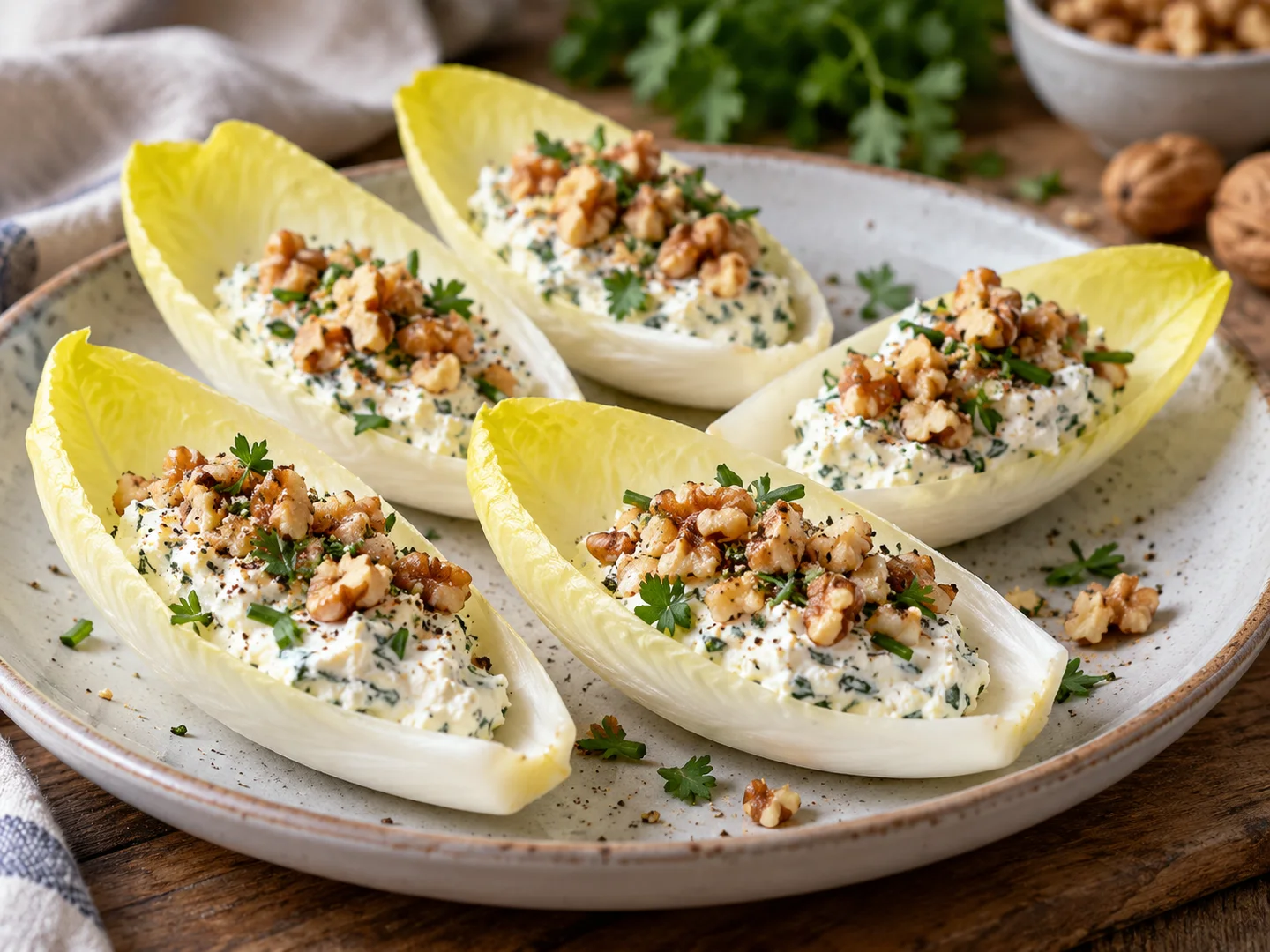 Feuilles dâ€™endive garnies de fromage frais aux herbes et noix