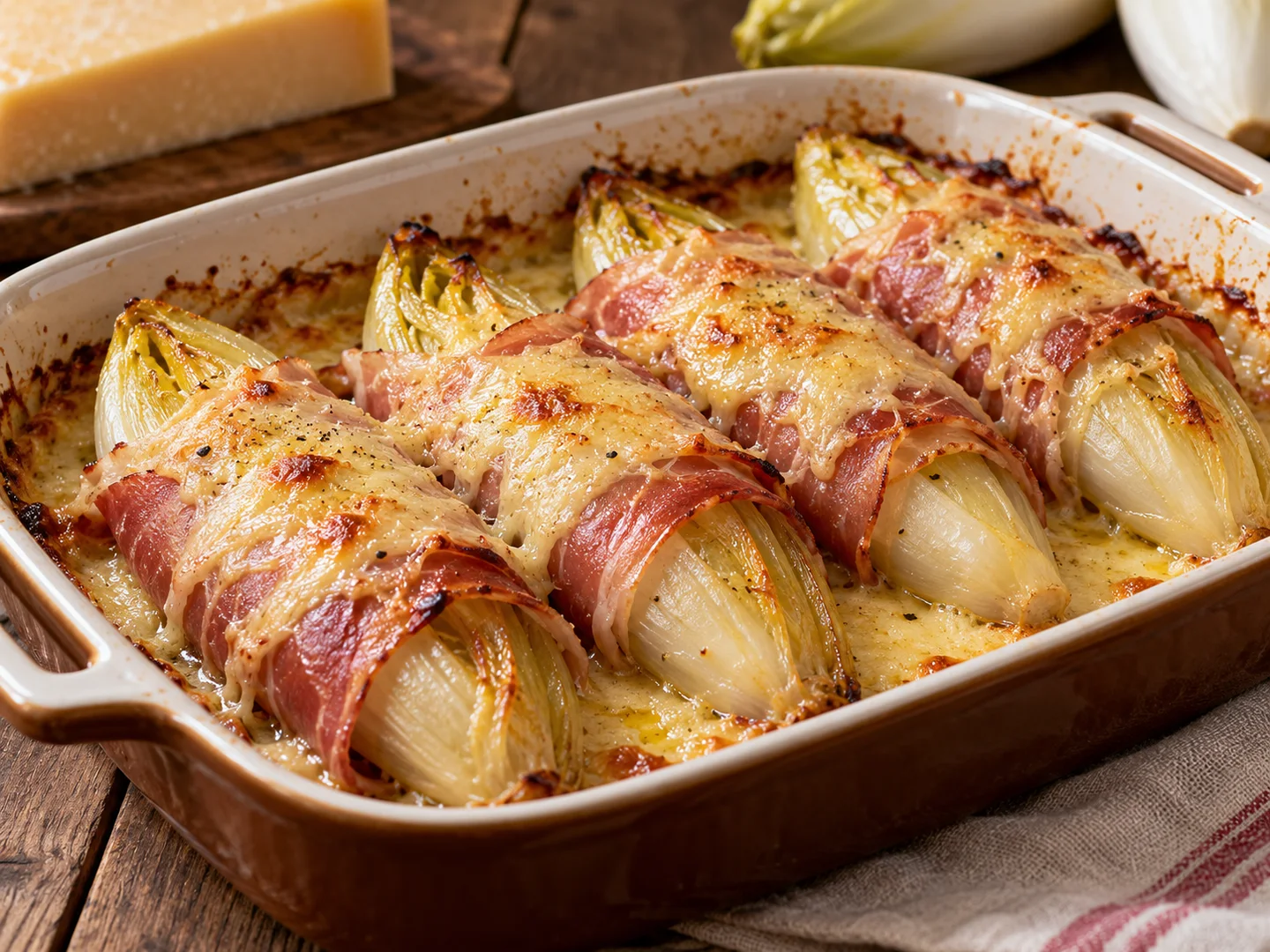 Endives enveloppÃ©es de jambon cru avec comtÃ© gratinÃ©