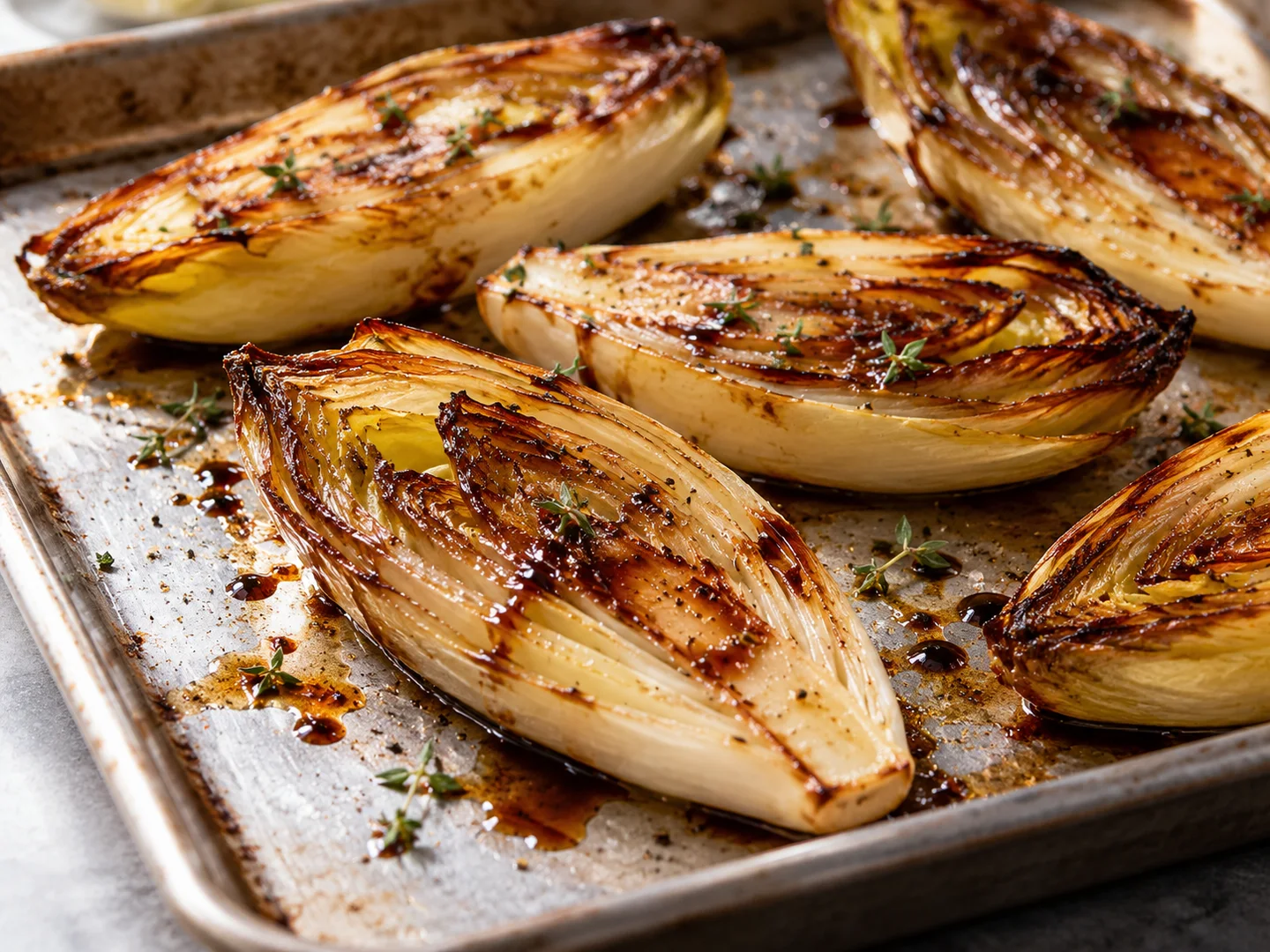 Demi-endives rÃ´ties avec glaÃ§age balsamique brillant