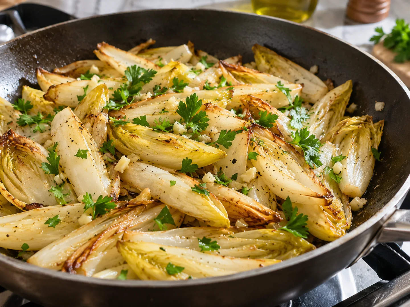 Endives Ã©mincÃ©es dorÃ©es avec ail et persil