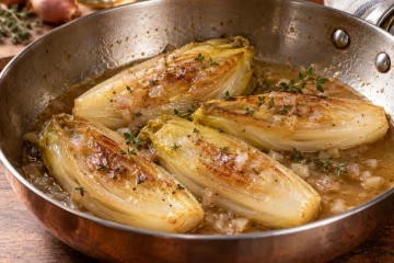 Endives braisÃ©es avec jus court au vin blanc et Ã©chalote