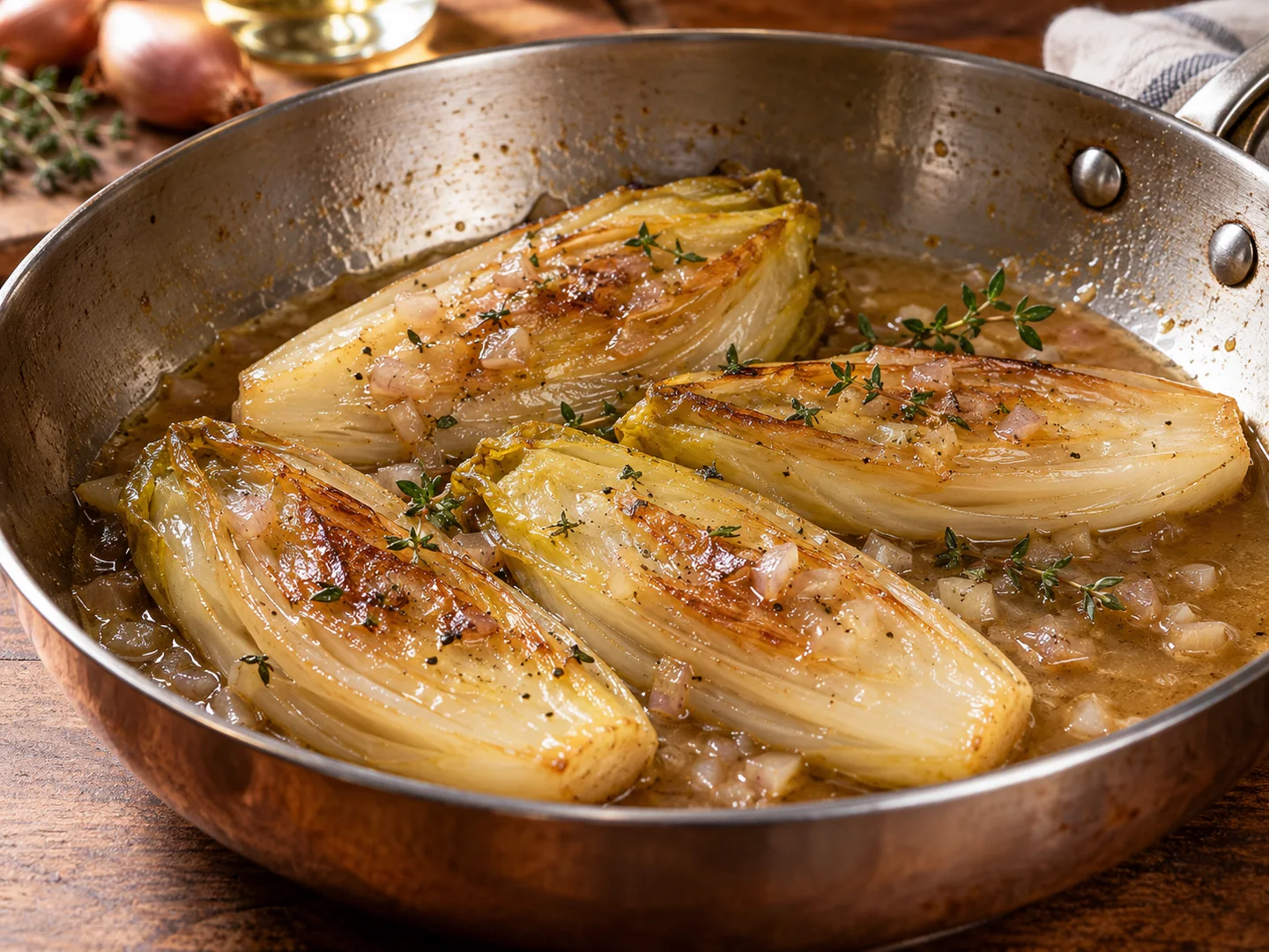 Endives braisÃ©es avec jus court au vin blanc et Ã©chalote