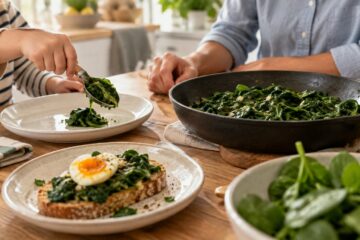 Un enfant sert une petite portion d’épinards poêlés près d’une tartine aux épinards et à l’œuf