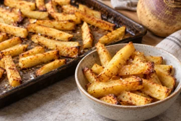 Bâtonnets de rutabaga dorés au four servis dans un bol avec quelques grains de sel