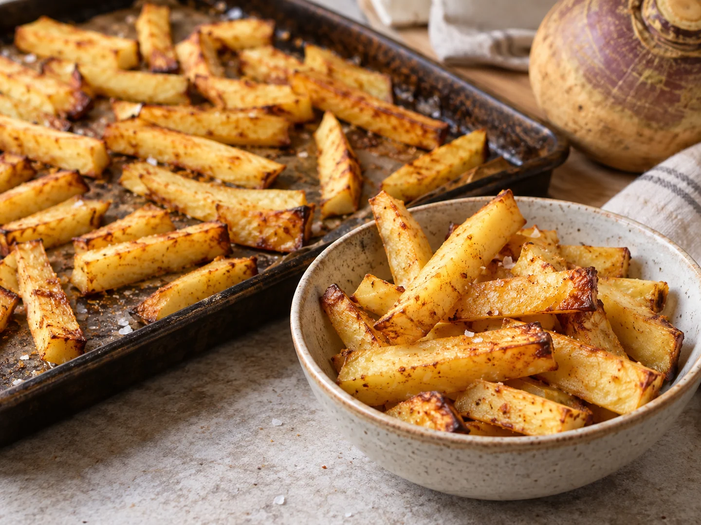 Bâtonnets de rutabaga dorés au four servis dans un bol avec quelques grains de sel