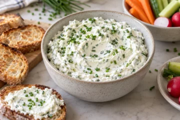 Tartinade de fromage frais à l’ail et à la ciboulette servie avec pain grillé et crudités