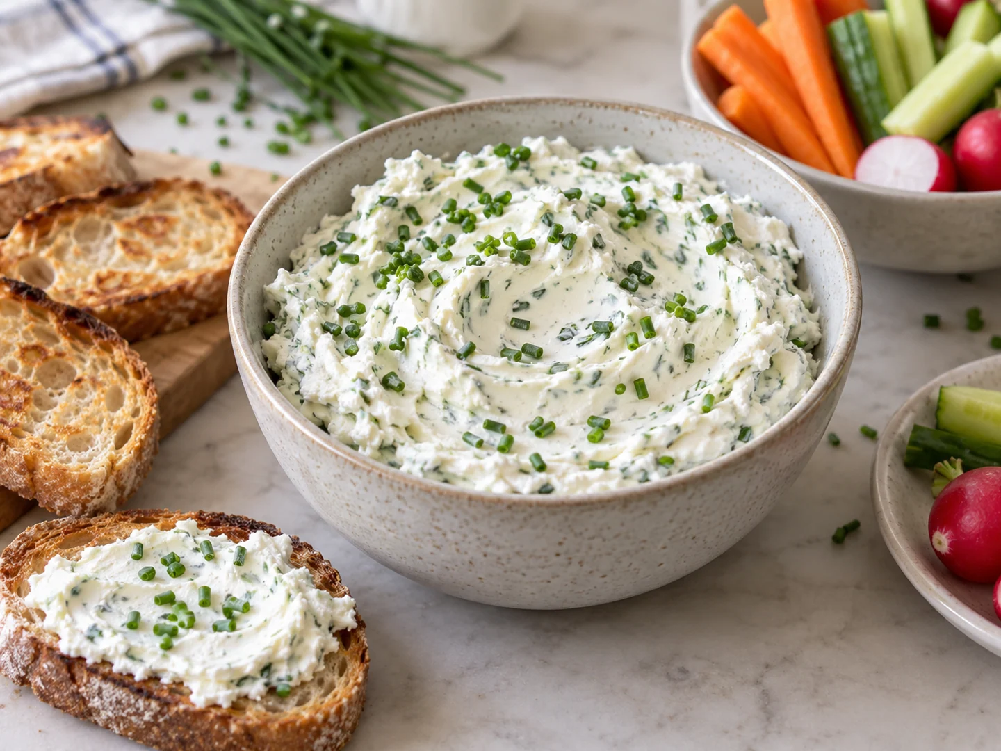 Tartinade de fromage frais à l’ail et à la ciboulette servie avec pain grillé et crudités
