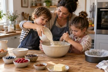 Deux enfants versent de la farine et mélangent une pâte à gâteau sous la surveillance d’un adulte
