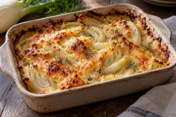 Gratin de fenouil au reblochon doré dans un plat en céramique
